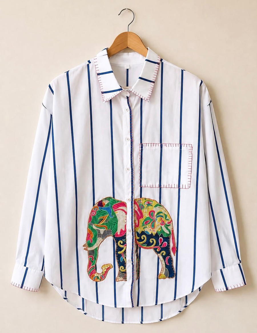 Navy Stripe Elephant Appliqué Shirt