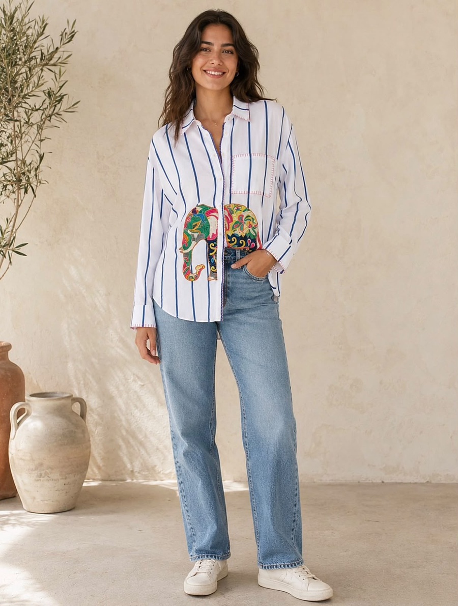 Navy Stripe Elephant Appliqué Shirt