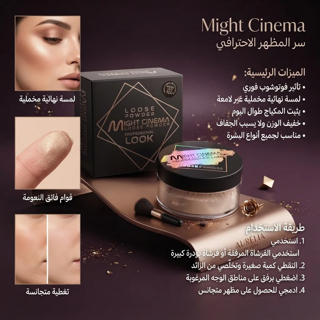 بودرة الوجه الحرة الشفافة لتثبيت المكياج والمظهر الاحترافي - مايت سينما (Might Cinema Loose Powder - Professional Look)