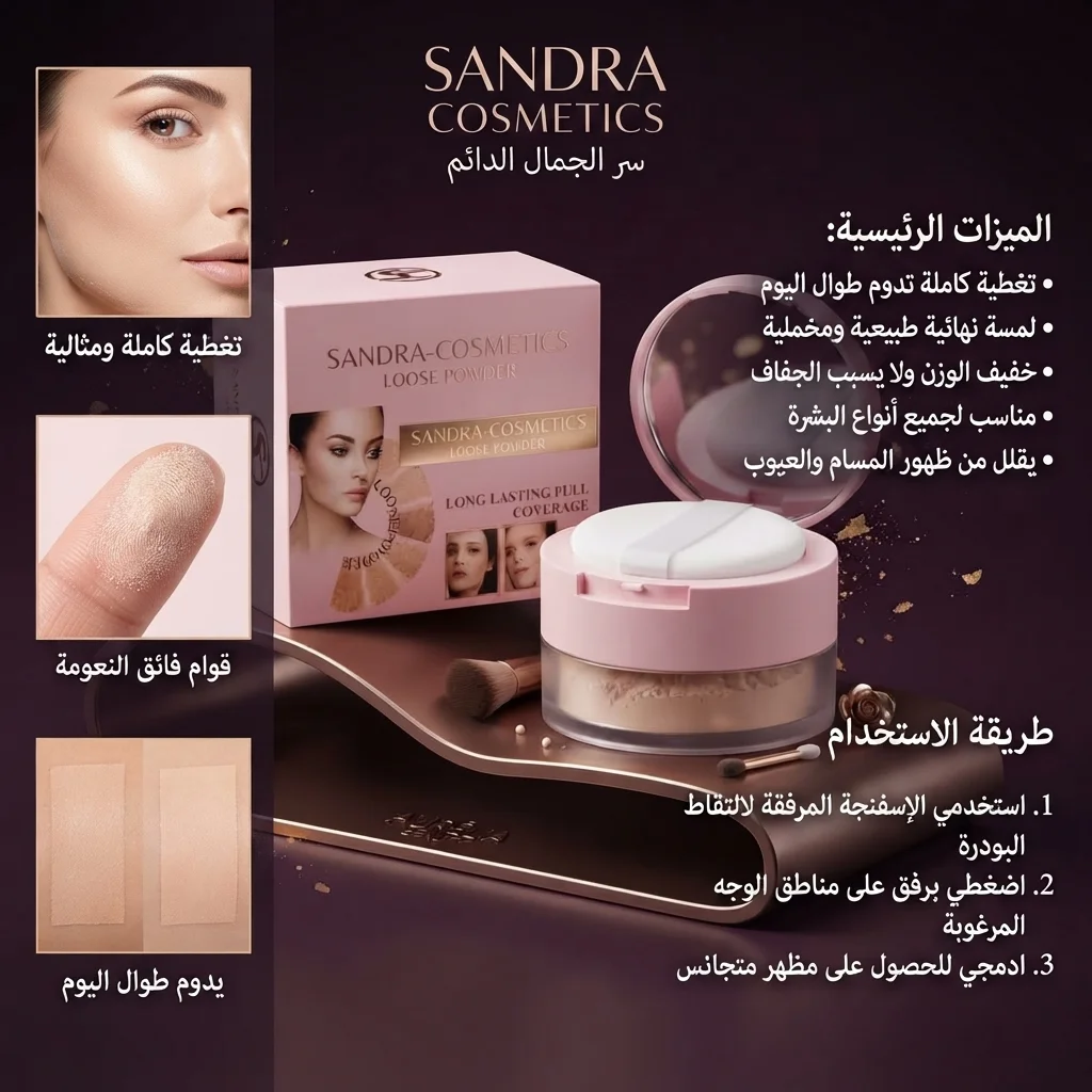 بودرة الوجه الحرة للتغطية الكاملة وثبات طوال اليوم - ساندرا كوسمتيكس (Sandra Cosmetics Loose Powder - Long Lasting Full Coverage)