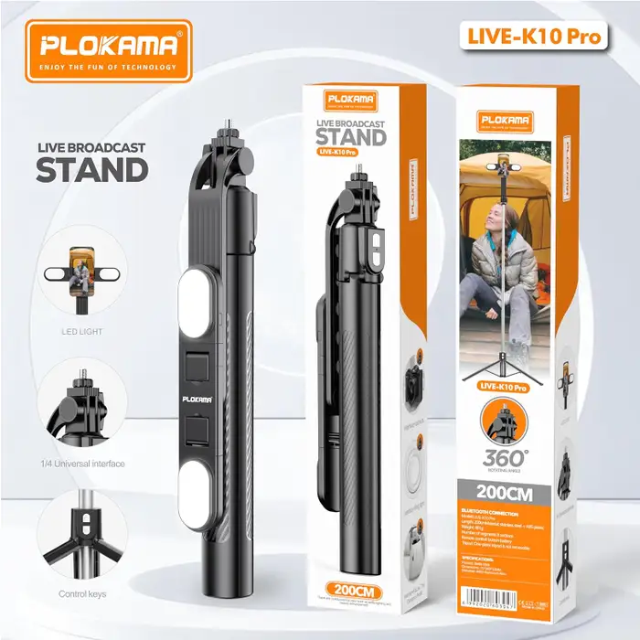 حامل ثلاثي وعصا سيلفي بلوكاما لايف K10 برو -PLOKAMA Live Selfie Stick Tripod -K10-Pro