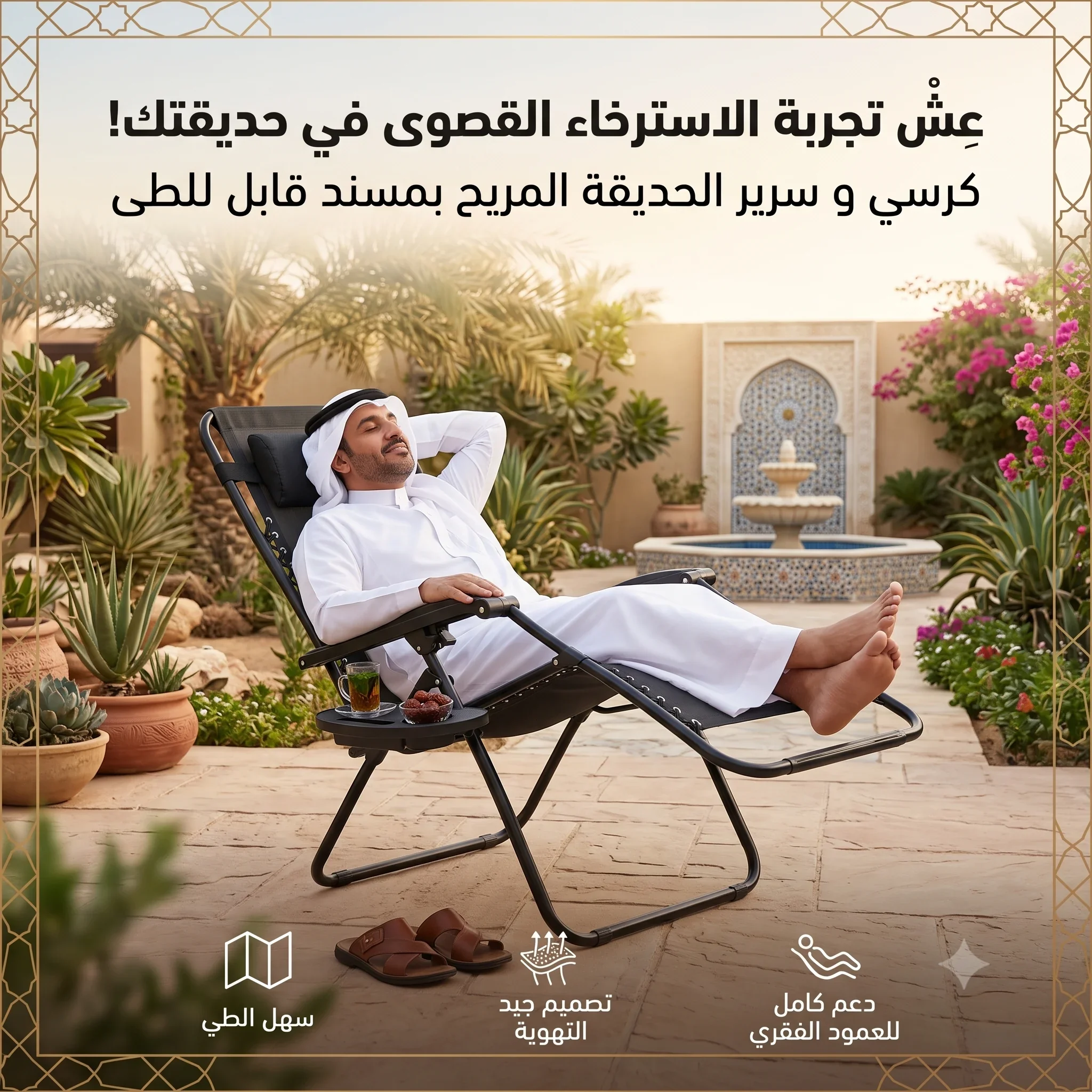 كرسي استرخاء قابل للطي بحامل أكواب