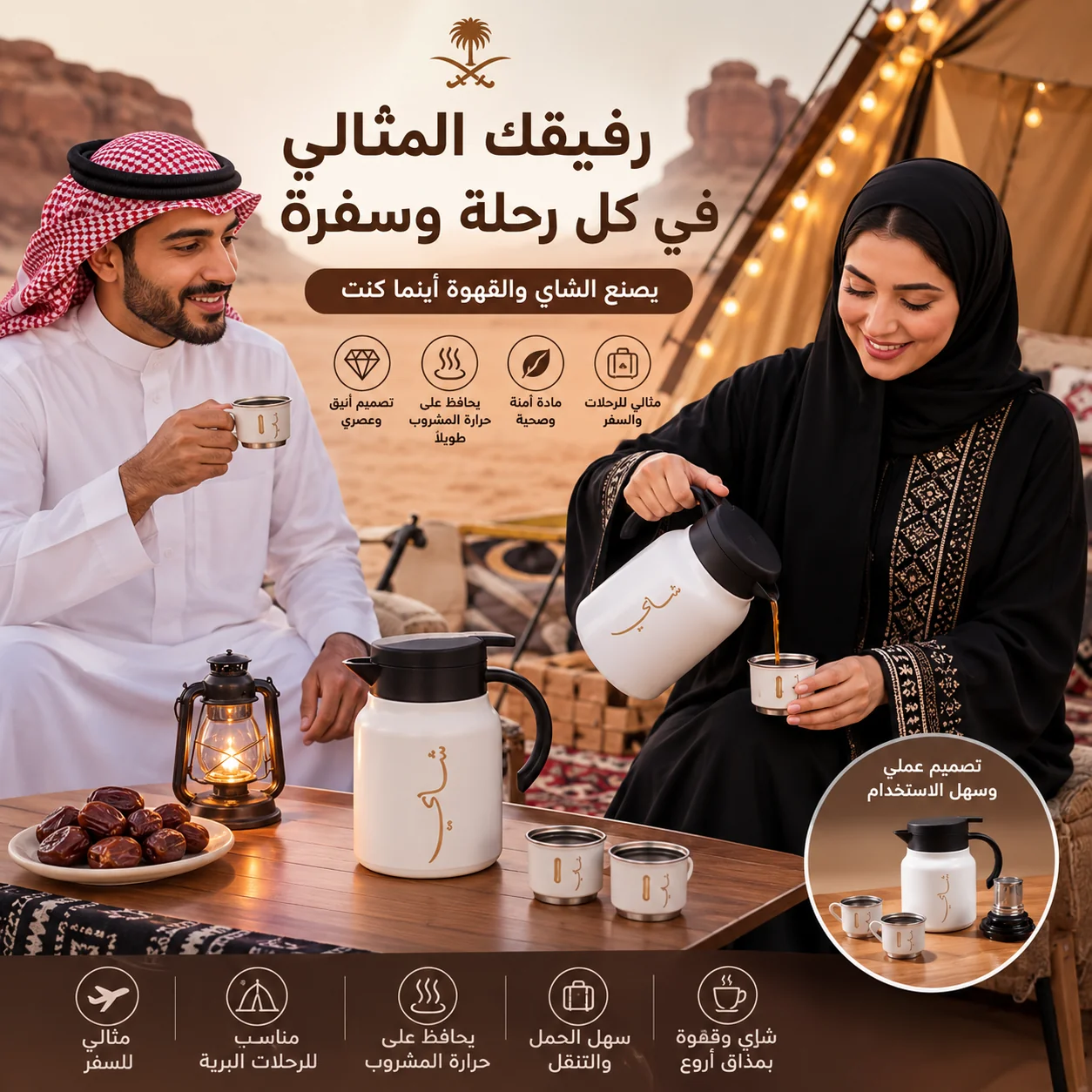 ترمس قهوة وشاي 1 لتر ستانلس ستيل مع كوبين