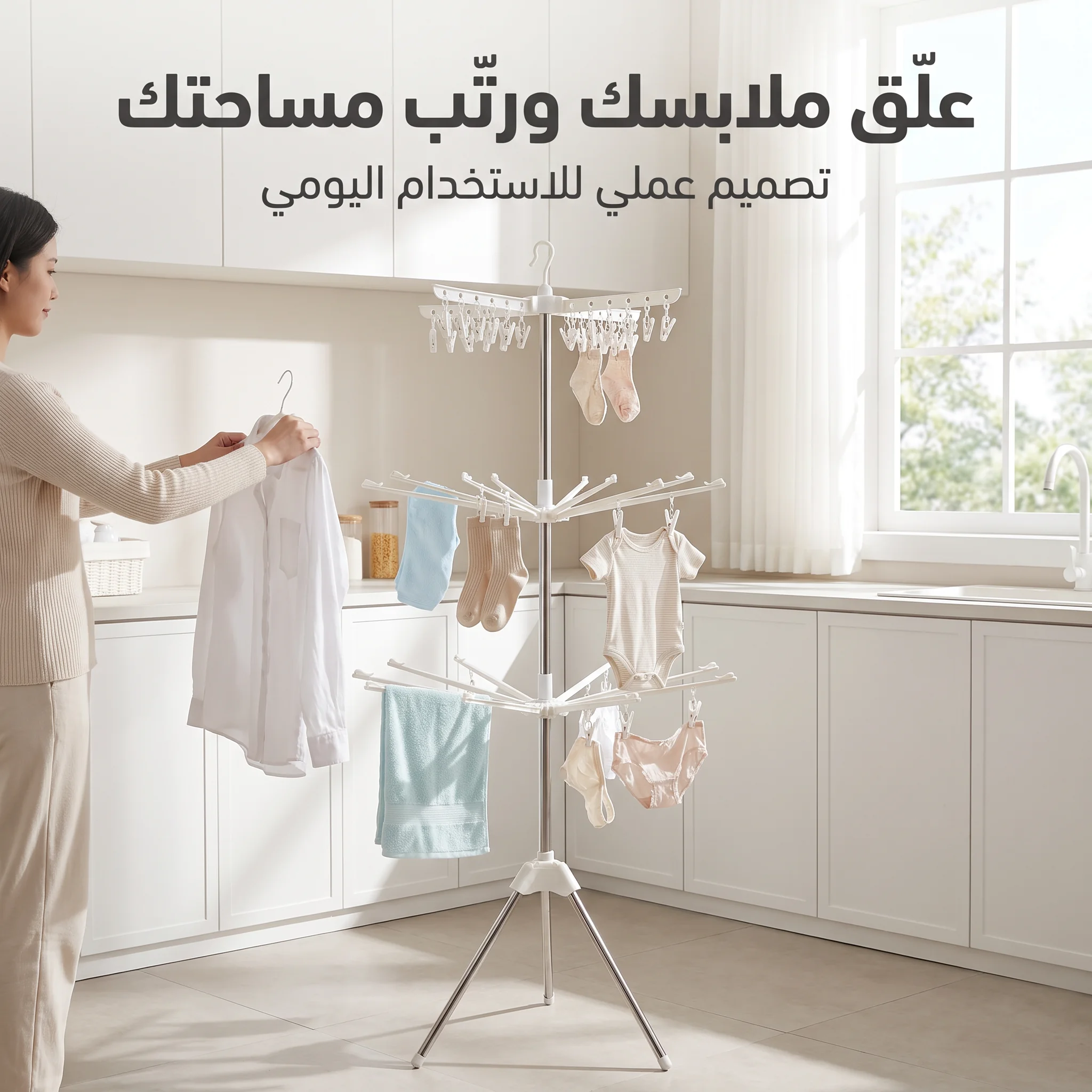منشر غسيل ٣ أدوار قابل للطي بقاعدة ثلاثية