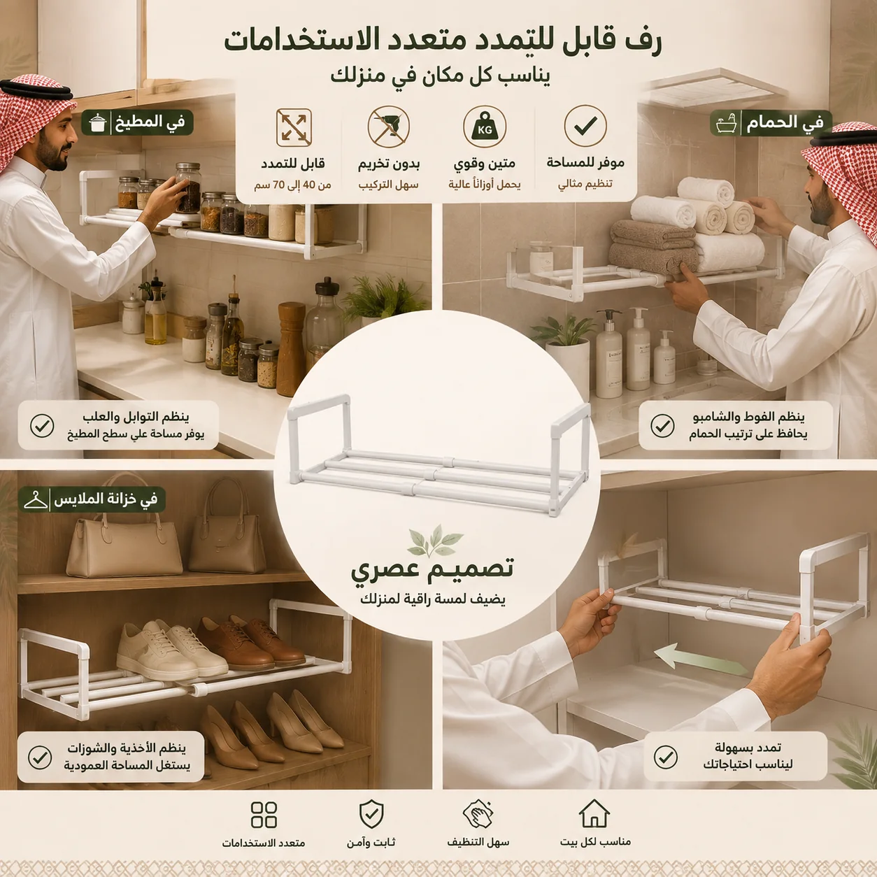 رف معلّق متمدّد يُركّب تحت الرفوف بدون تخريم