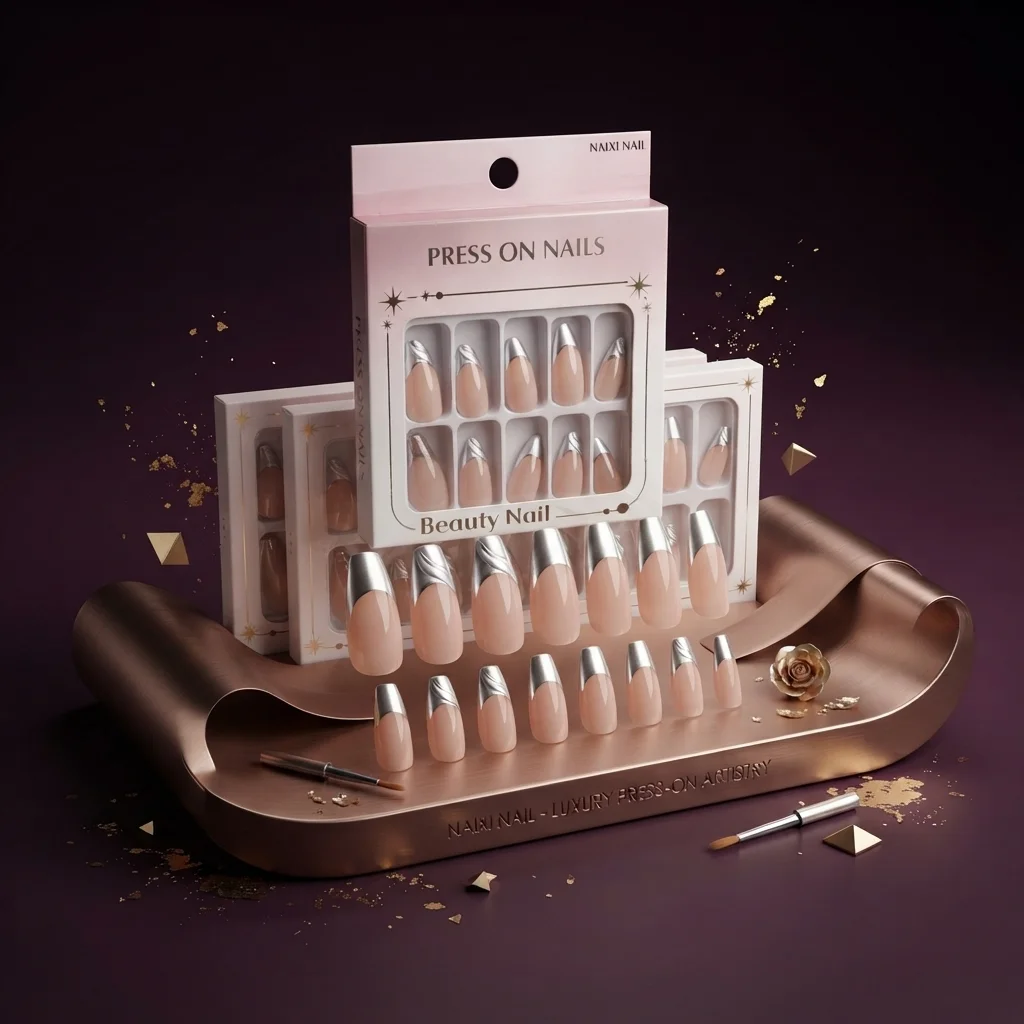 أظافر تركيب صناعية جاهزة بتصميم فرينش وتطريز فضي - نيكسي نايل (Naixi Nail Press On Nails)