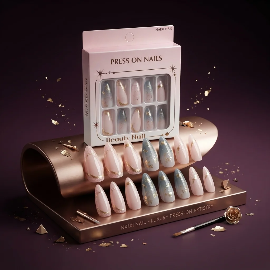 أظافر تركيب صناعية فاخرة بتصميم أومبري وفويل ذهبي - نيكسي نايل (Naixi Nail Press-On Nails)