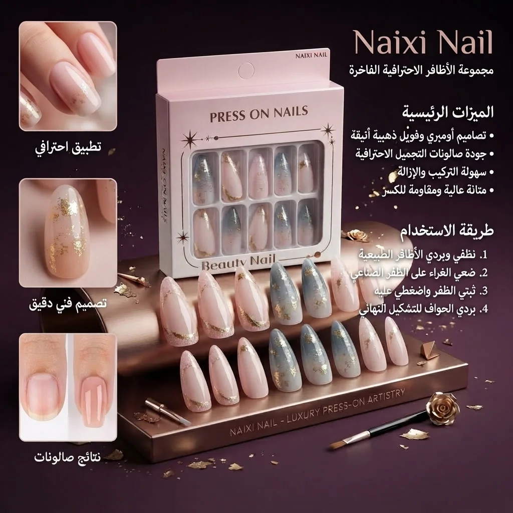 أظافر تركيب صناعية فاخرة بتصميم أومبري وفويل ذهبي - نيكسي نايل (Naixi Nail Press-On Nails)