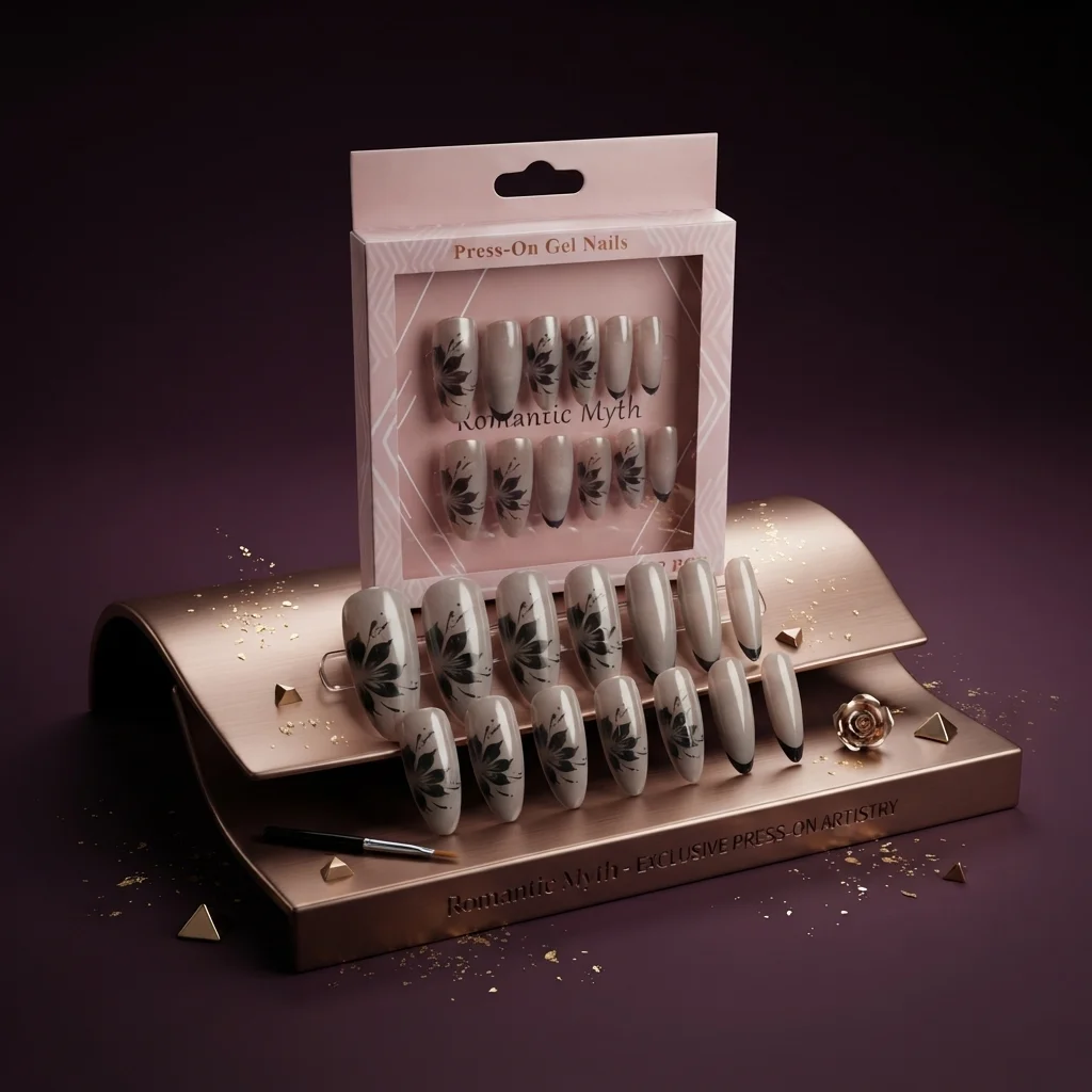 أظافر جل تركيب صناعية فاخرة بتصميم زهور سوداء - رومانتيك ميث (Romantic Myth Press-On Gel Nails)