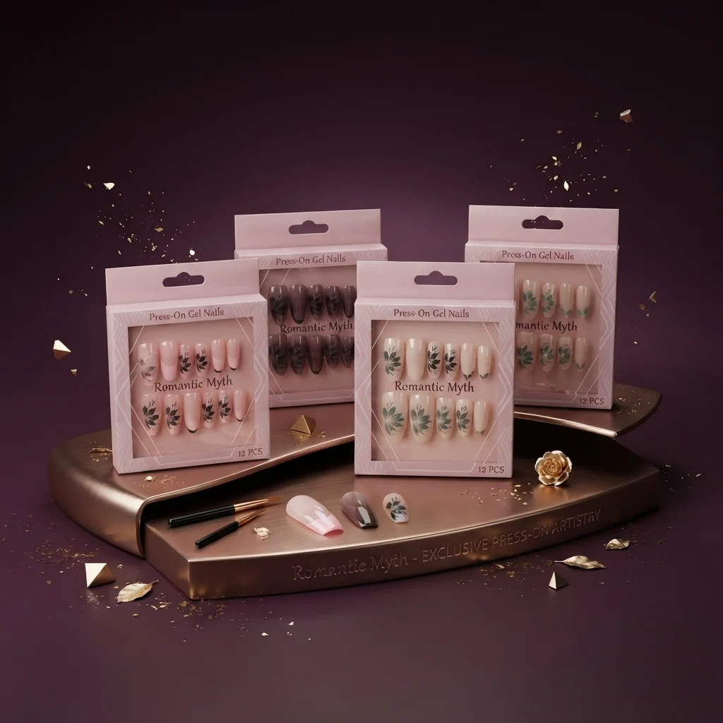 أظافر جل تركيب صناعية فاخرة بتصميم الأوراق النباتية - رومانتيك ميث (Romantic Myth Press-On Gel Nails)