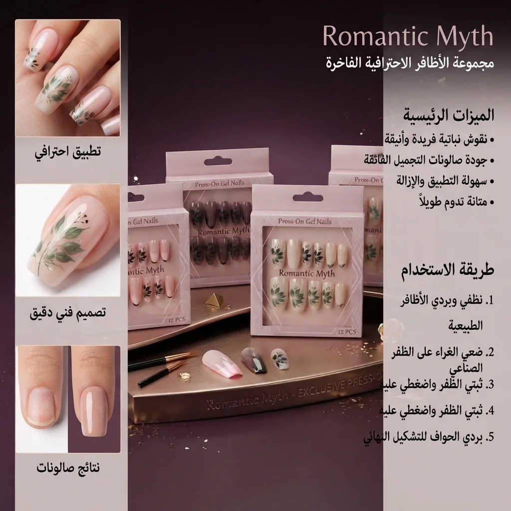 أظافر جل تركيب صناعية فاخرة بتصميم الأوراق النباتية - رومانتيك ميث (Romantic Myth Press-On Gel Nails)