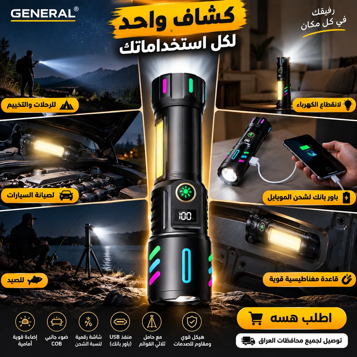 صورة توضح استخدامات الكشاف بالرحلات، الصيد، وتصليح السيارة بالليل