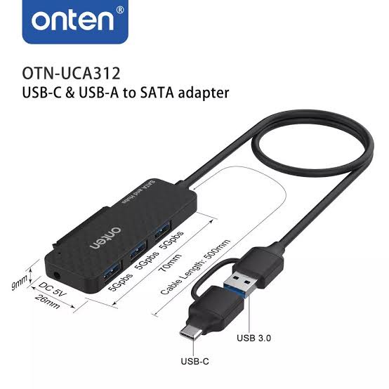 Onten 5-in-2 USB-A and USB-C to SATA Adapter and Hub (OTN-UCA312)