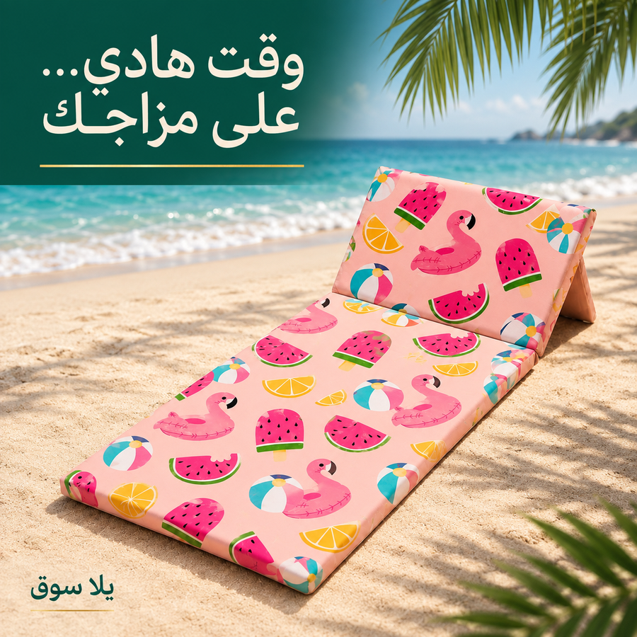 شازلونج شاطئ سفنج بظهر خشب قماش وتربروف مقاس 60*200 سم طابعه صيفيه بينك