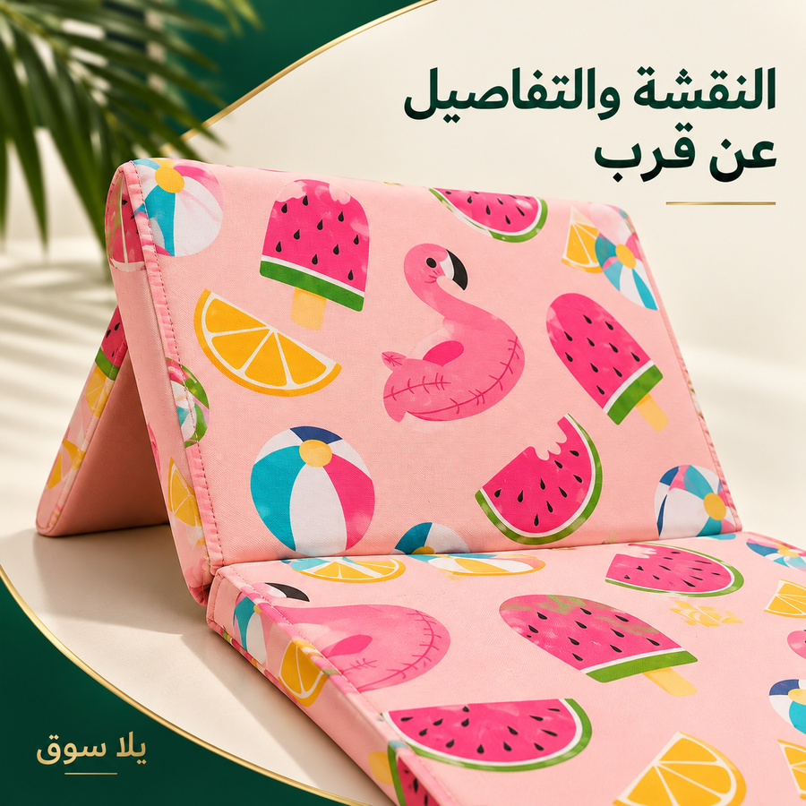 شازلونج شاطئ سفنج بظهر خشب قماش وتربروف مقاس 60*200 سم طابعه صيفيه بينك