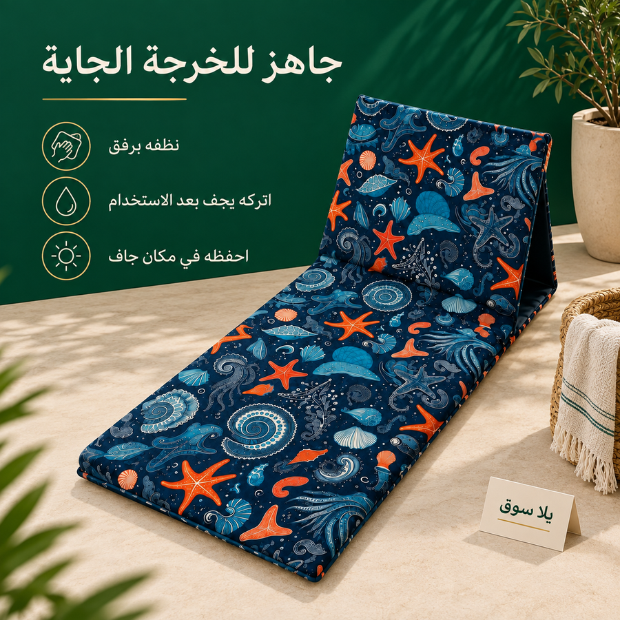 شازلونج شاطئ سفنج بظهر خشب قماش وتربروف مقاس 60*200 سم طابعه صيفيه كحلي