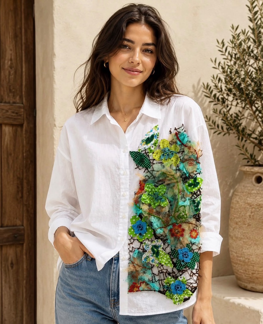 White 3D Floral Appliqué Shirt