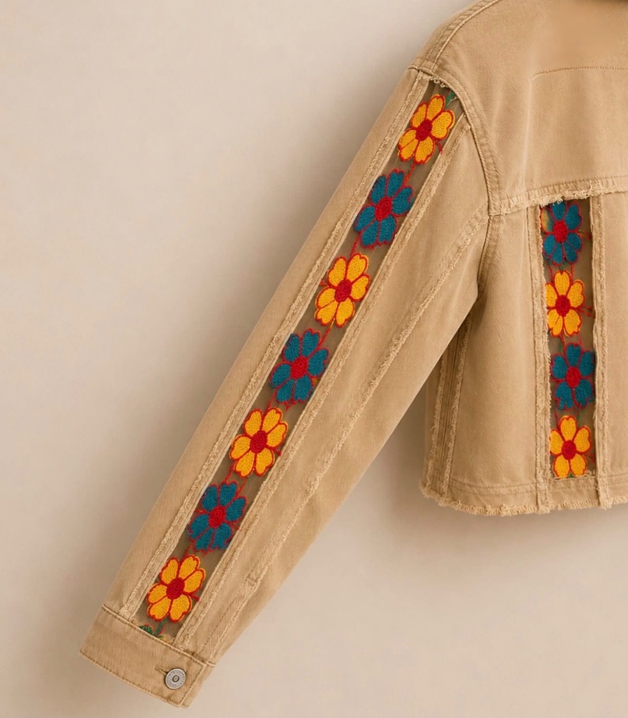 Sand-Beige Cropped Denim Jacket
