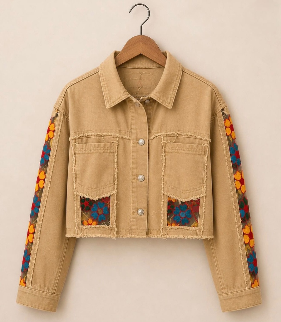 Sand-Beige Cropped Denim Jacket
