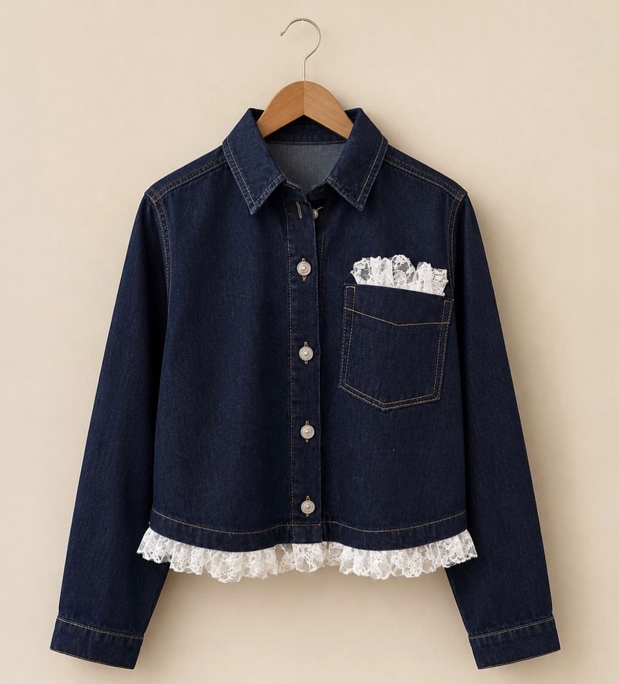 Dark-Wash Lace-Detail Denim Jacket