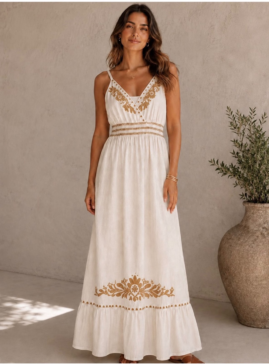 Ivory Linen Maxi Dress with Gold Floral Embroidery