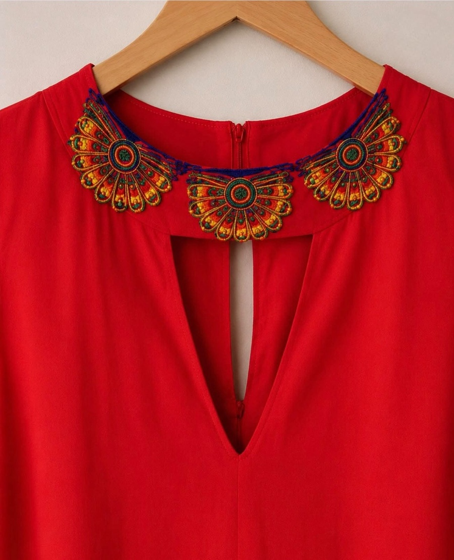 Red Multicolored Embroidered Dress