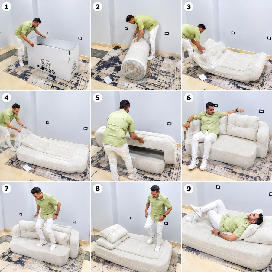 فورنكسو - FURNIXO كنبة سرير قابلة للتحويل 2 في 1 – إسفنج مضغوط بدون أخشاب – لون #01 - بيج