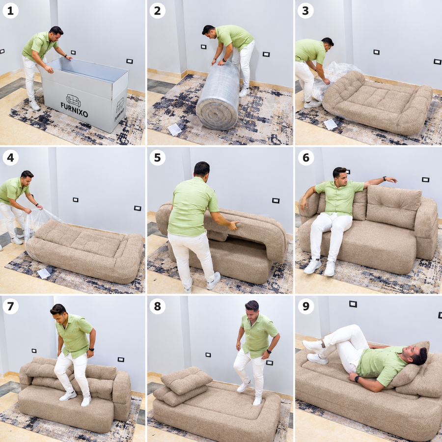 فورنكسو - FURNIXO كنبة سرير قابلة للتحويل 2 في 1 – إسفنج مضغوط بدون أخشاب – لون #03 - رملي فاتح