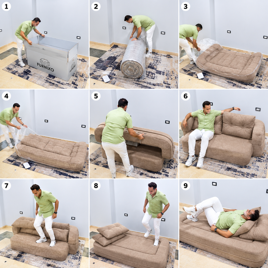 فورنكسو - FURNIXO كنبة سرير قابلة للتحويل 2 في 1 – إسفنج مضغوط بدون أخشاب – لون #04 - رملي داكن
