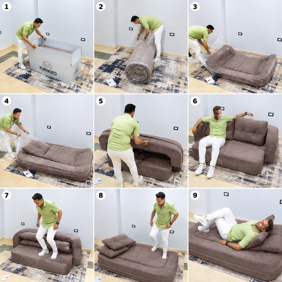 فورنكسو - FURNIXO كنبة سرير قابلة للتحويل 2 في 1 – إسفنج مضغوط بدون أخشاب – لون #05 - بني قهوة