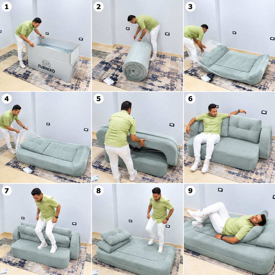 فورنكسو - FURNIXO كنبة سرير قابلة للتحويل 2 في 1 – إسفنج مضغوط بدون أخشاب – لون #07 - مينت جرين
