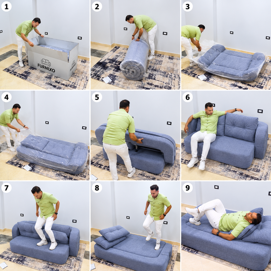 فورنكسو - FURNIXO كنبة سرير قابلة للتحويل 2 في 1 – إسفنج مضغوط بدون أخشاب – لون #08 - رصاصي مزرق