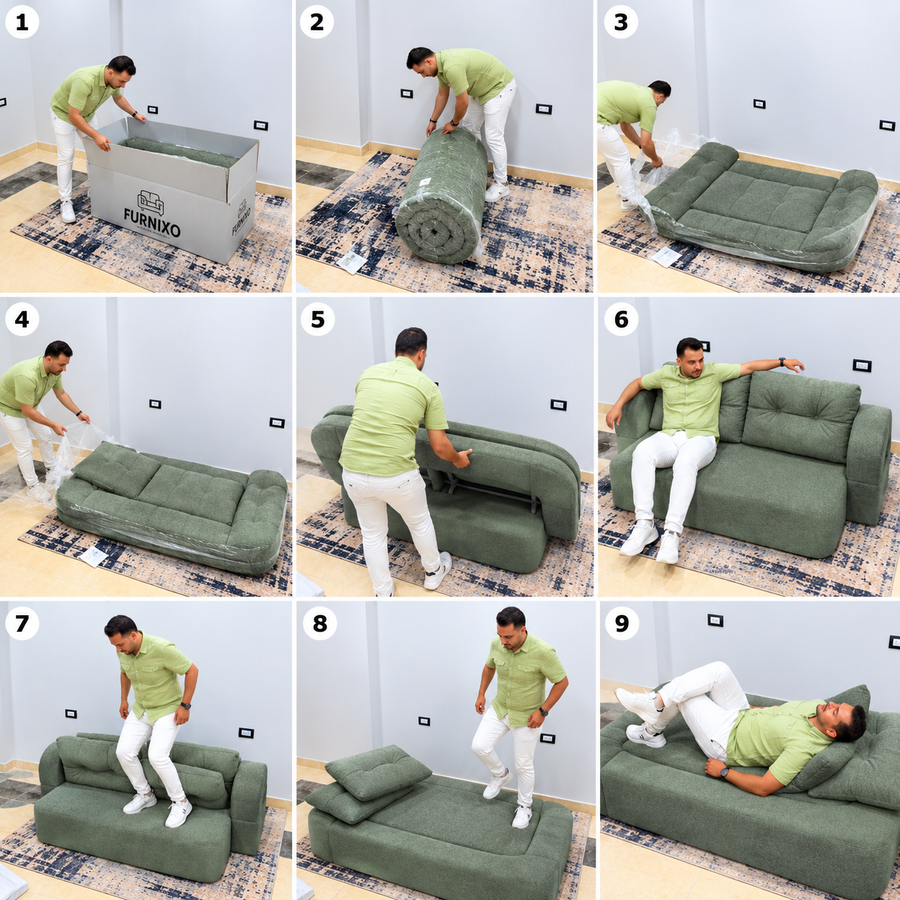 فورنكسو - FURNIXO كنبة سرير قابلة للتحويل 2 في 1 – إسفنج مضغوط بدون أخشاب – لون #10- أخضر زيتي