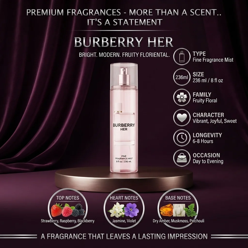معطر جسم بربيري هير الفاخر - 236 مل | متجر إطلالة - Burberry Her Fine Fragrance Mist - 236ml | ETLALA Boutique