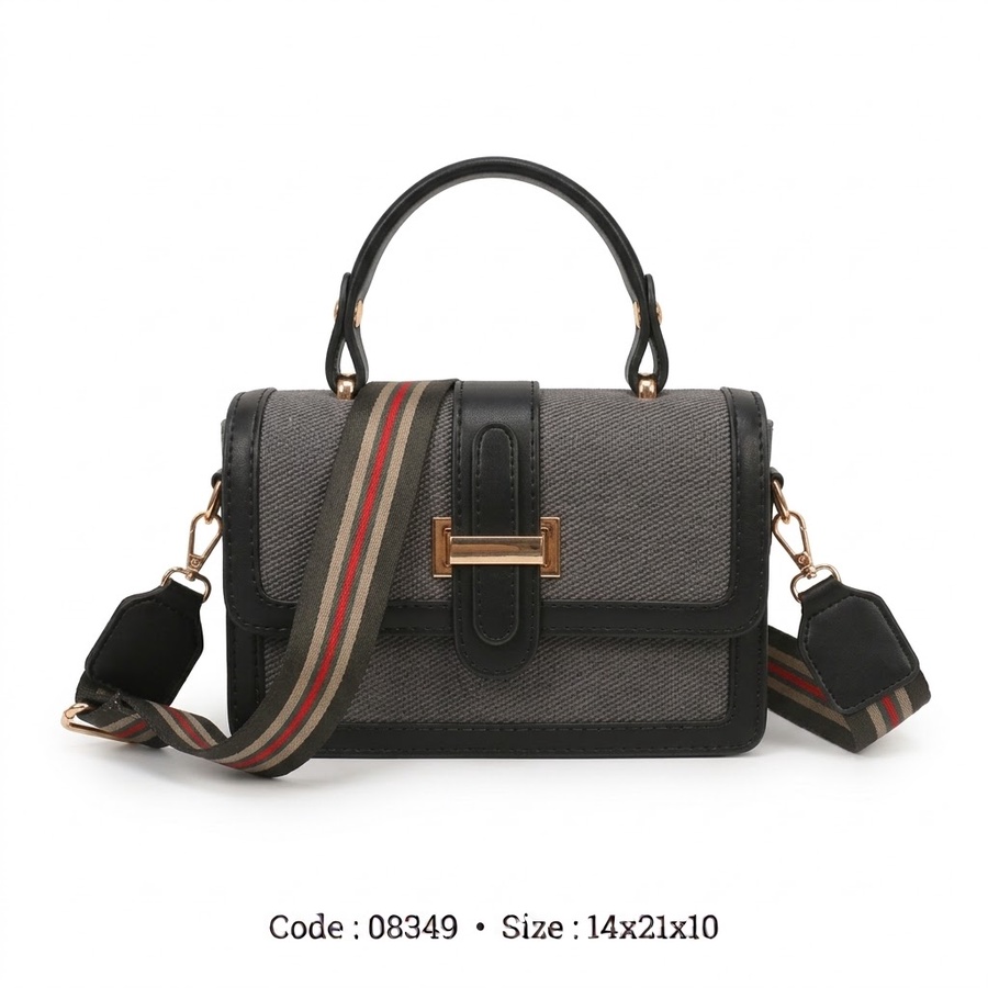 Canvas & Faux Leather Flap Crossbody Bag with Striped Guitar Strap