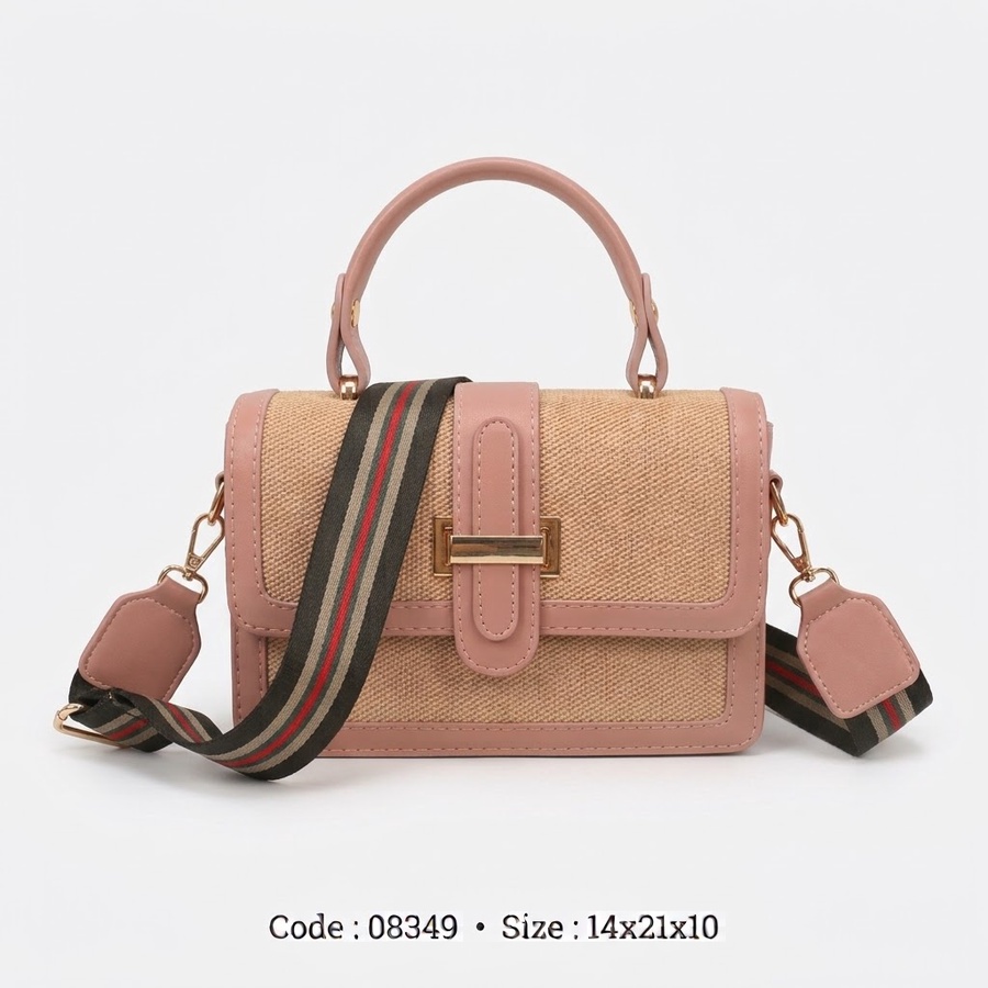 Canvas & Faux Leather Flap Crossbody Bag with Striped Guitar Strap