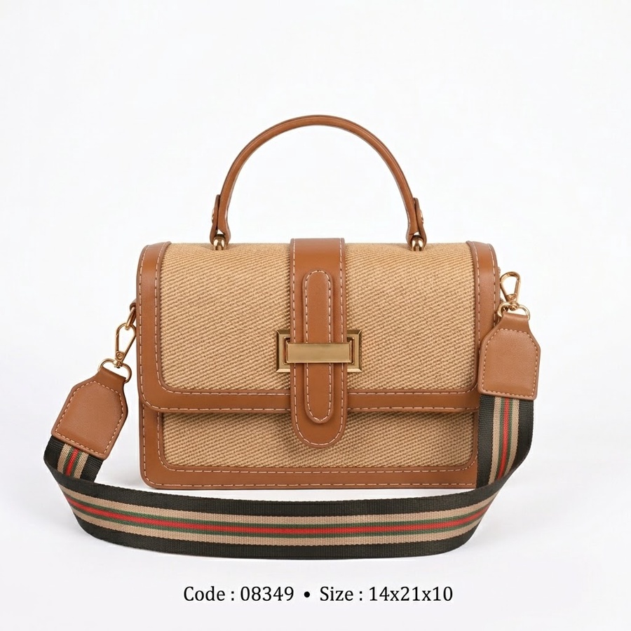 Canvas & Faux Leather Flap Crossbody Bag with Striped Guitar Strap