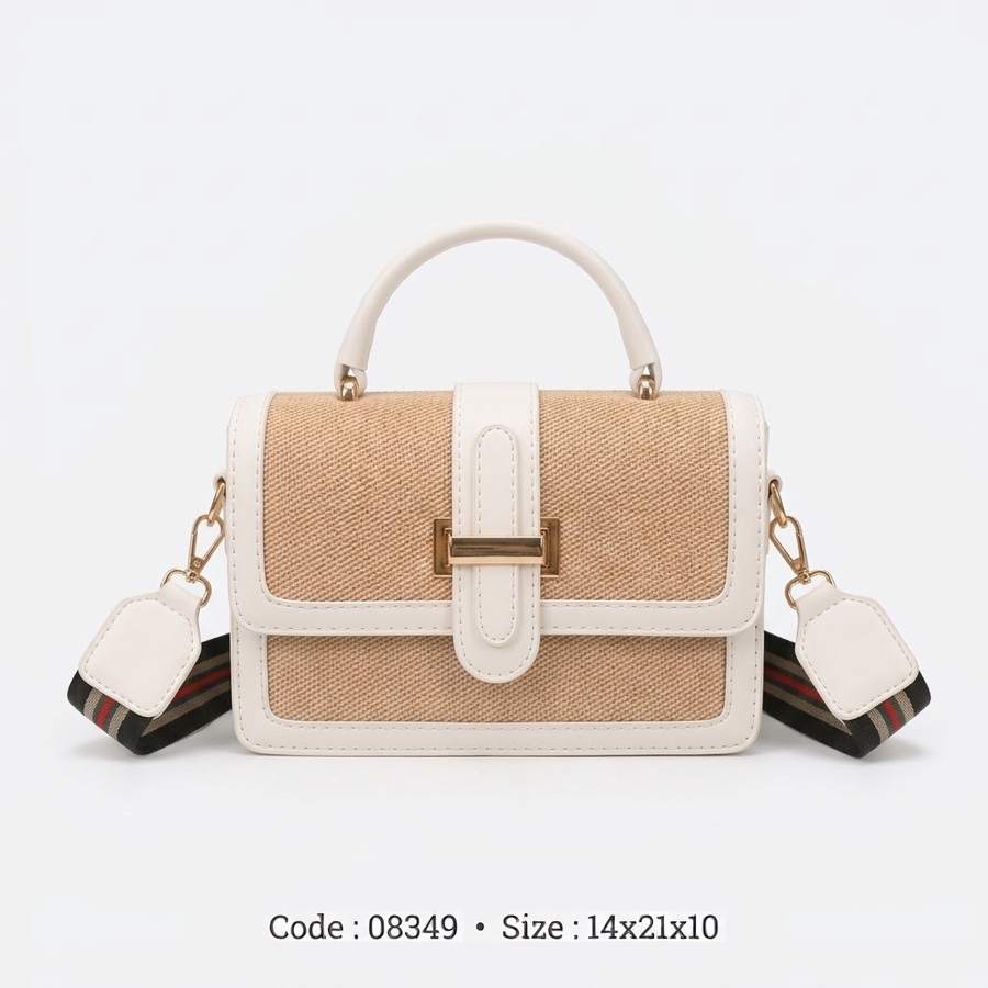 Canvas & Faux Leather Flap Crossbody Bag with Striped Guitar Strap