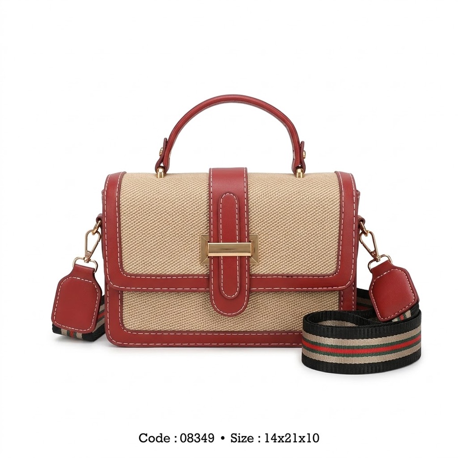 Canvas & Faux Leather Flap Crossbody Bag with Striped Guitar Strap