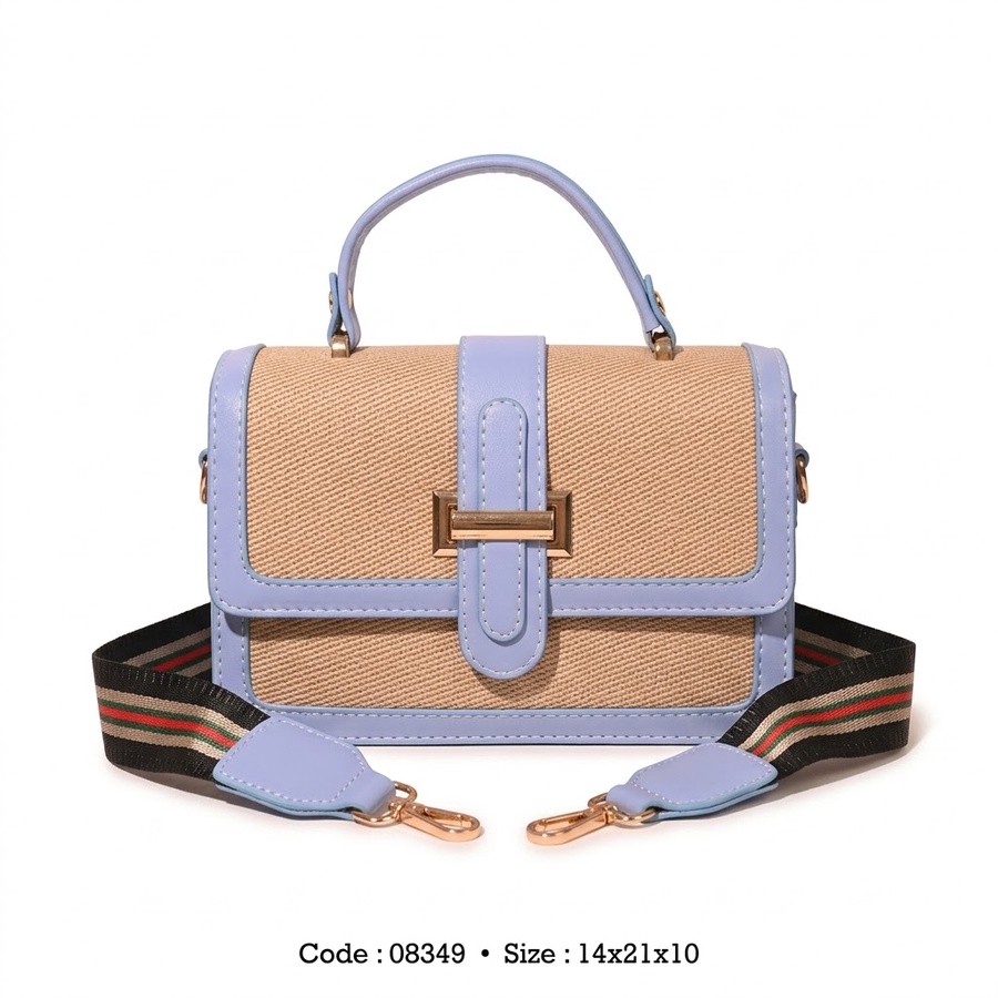 Canvas & Faux Leather Flap Crossbody Bag with Striped Guitar Strap