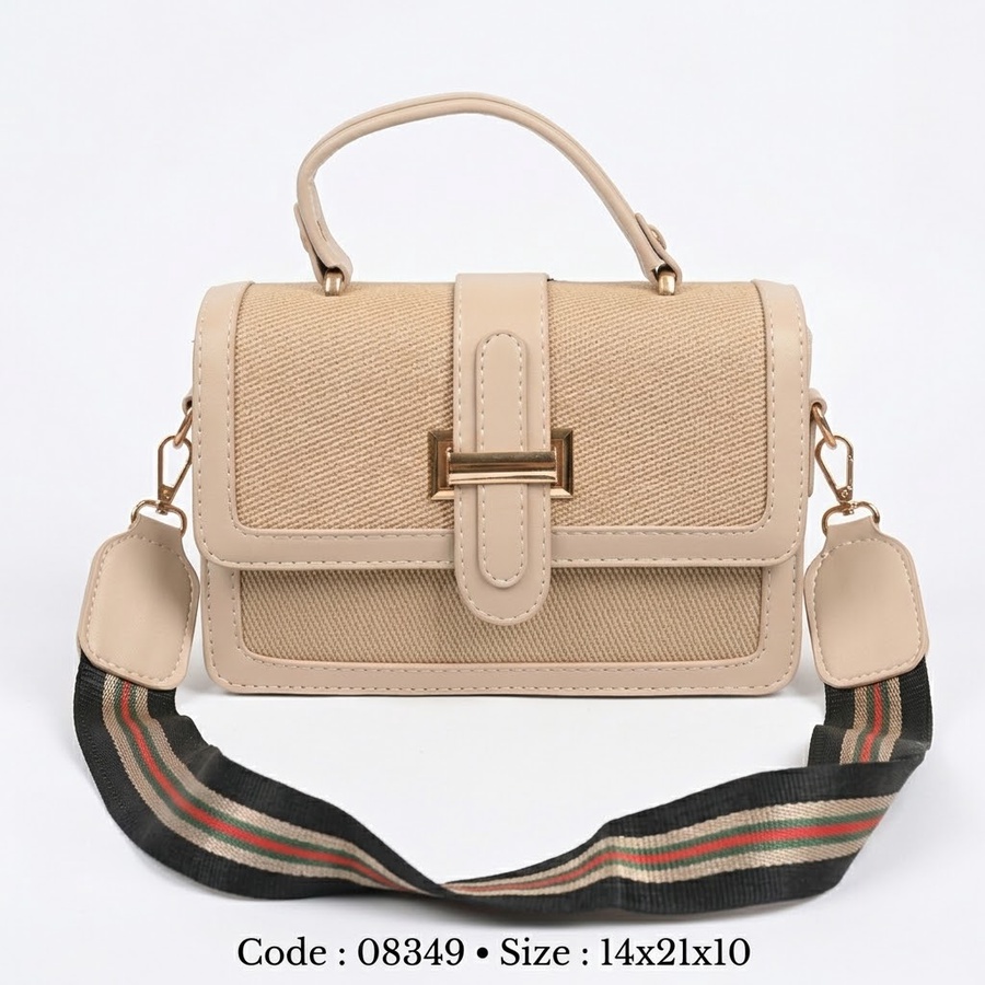 Canvas & Faux Leather Flap Crossbody Bag with Striped Guitar Strap
