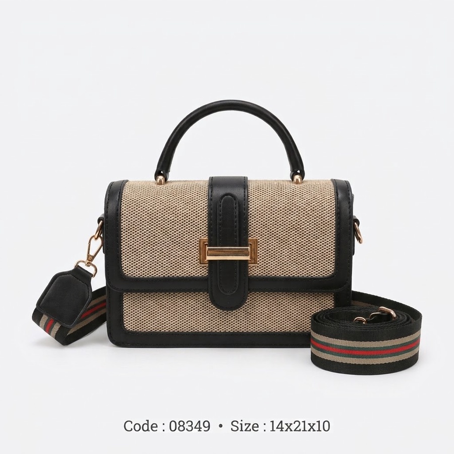 Canvas & Faux Leather Flap Crossbody Bag with Striped Guitar Strap