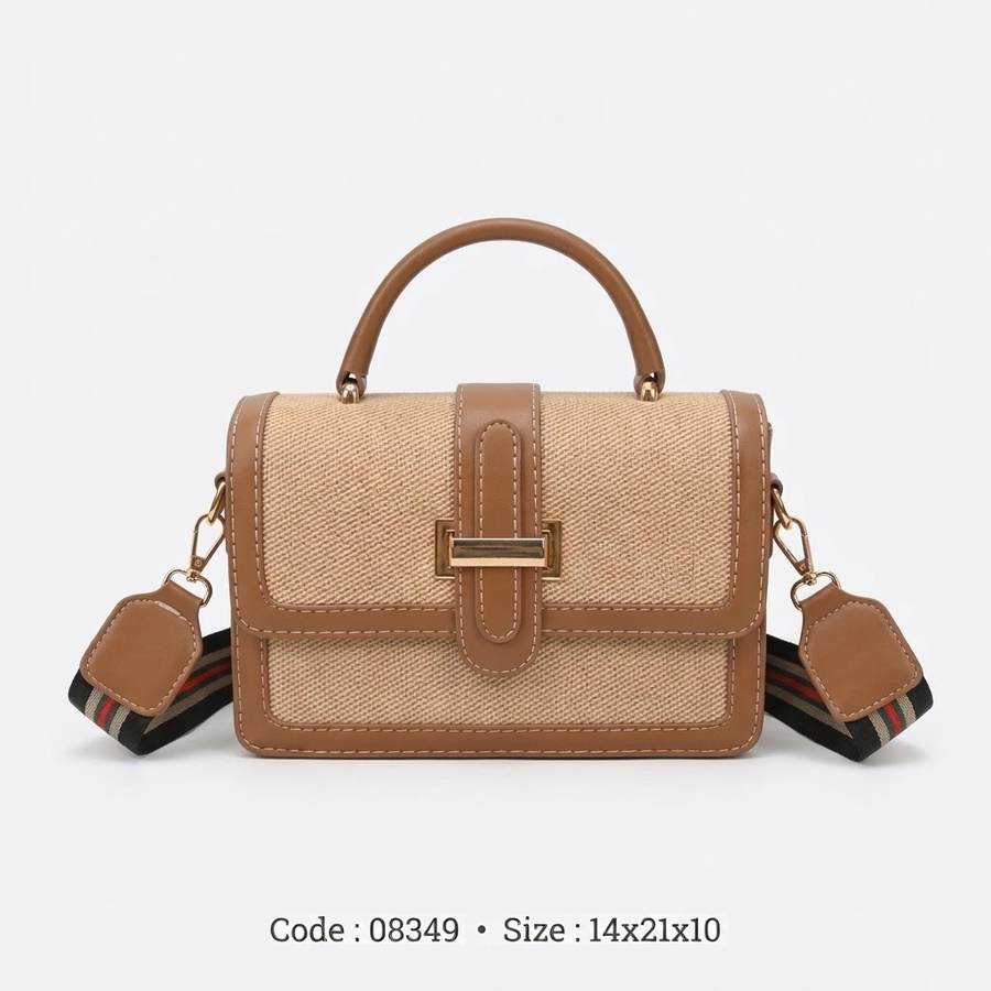 Canvas & Faux Leather Flap Crossbody Bag with Striped Guitar Strap