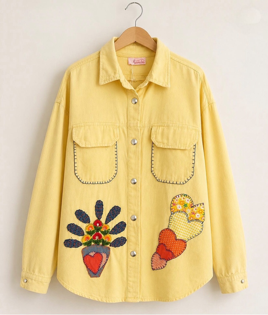 Yellow Hand-Appliqué Floral Two-Piece Set