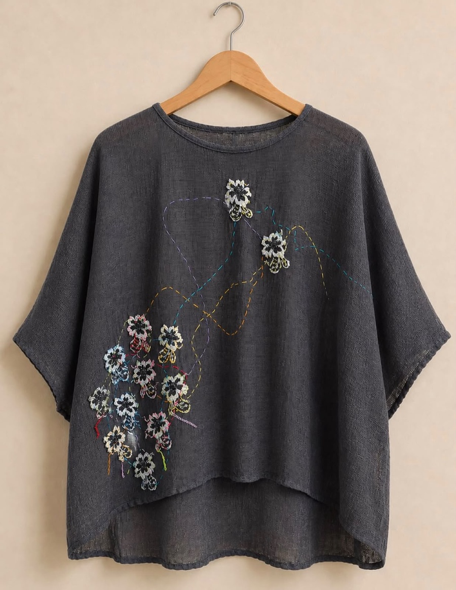 Black Oversized Floral Embroidered Top
