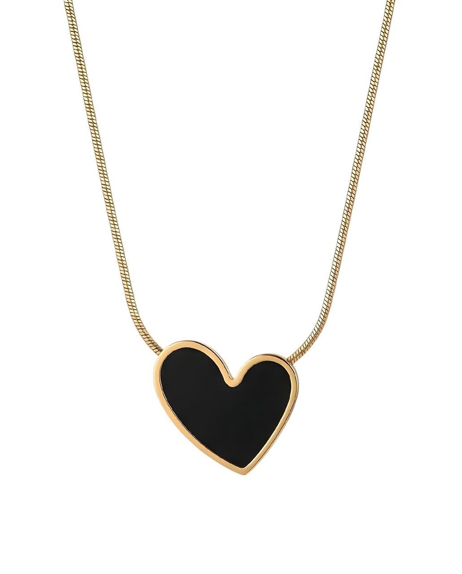 rawnq Gold Plated Stainless Steel Black Enamel Heart Pendant Necklace for Women
