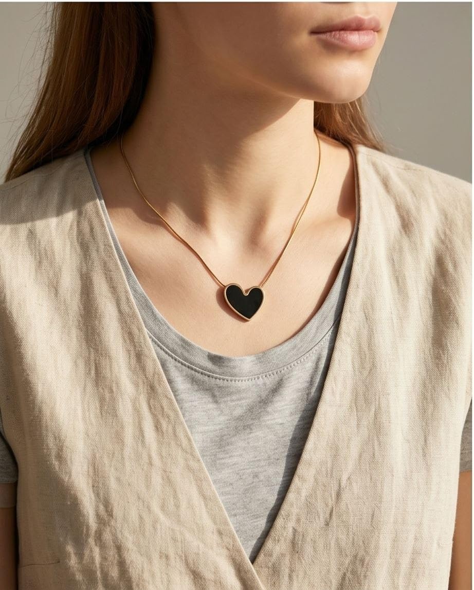 rawnq Gold Plated Stainless Steel Black Enamel Heart Pendant Necklace for Women