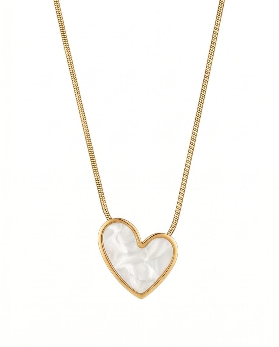 rawnq Gold Plated Stainless Steel White Mother of Pearl Enamel Heart Pendant Necklace