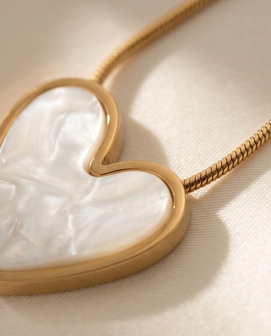rawnq Gold Plated Stainless Steel White Mother of Pearl Enamel Heart Pendant Necklace