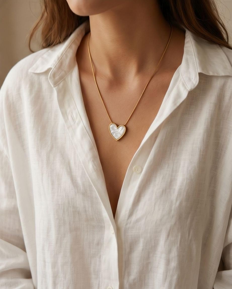 rawnq Gold Plated Stainless Steel White Mother of Pearl Enamel Heart Pendant Necklace